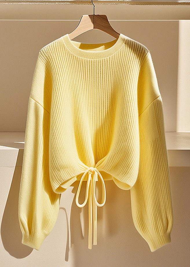 Art Yellow O Neck Lace Up Knit Sweater Fall