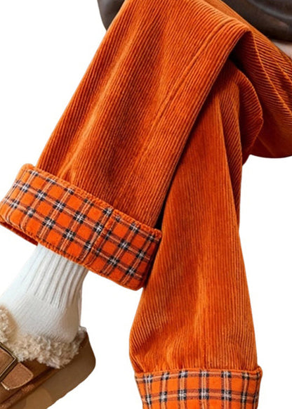 Yellow Pockets Patchwork Corduroy Wide Leg Pants Fall