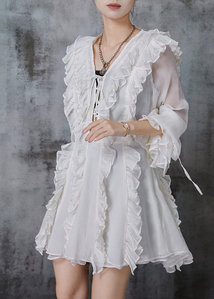White Ruffled Chiffon Tea Dress Summer
