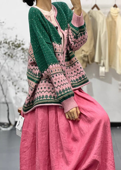 Green O Neck Embroideried Button Knit Cardigans Fall