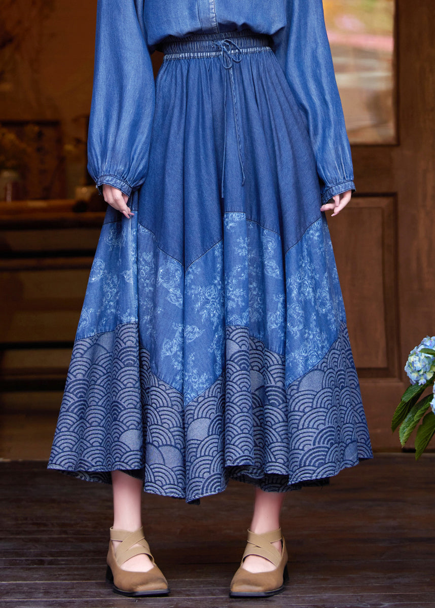 Denim Blue Print Tie Waist Maxi Skirt Summer