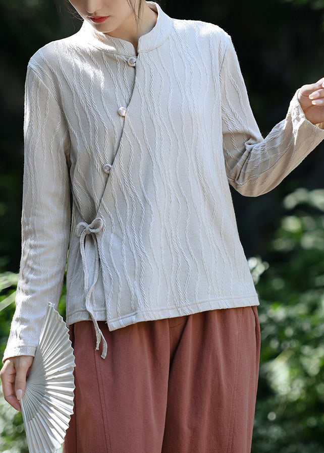 Unique Beige Stand Collar Lace Up Cotton Top Spring