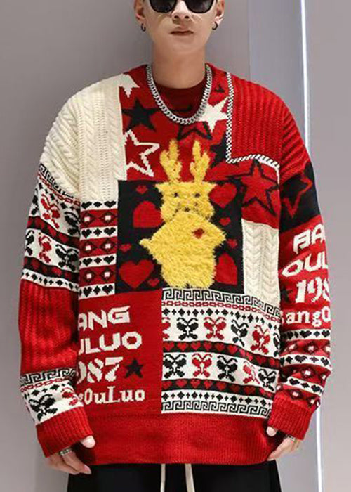 Jacquard Red Original Design Thick Cotton Knit Sweater Winter