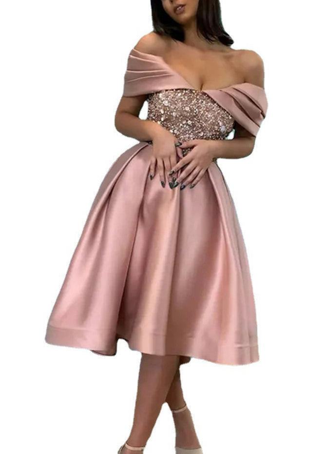 New Pink Cold Shoulder Sequins Silk Party Dress Fall