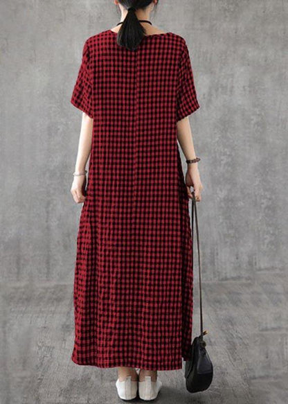Red Plaid Linen Dresses Summer Long Cotton Dress Maxi Gown