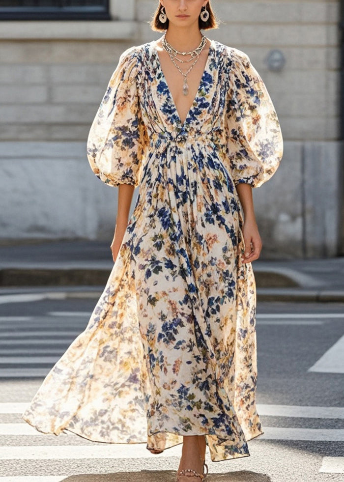 Khaki V Neck Print Chiffon Maxi Dresses Bracelet Sleeve