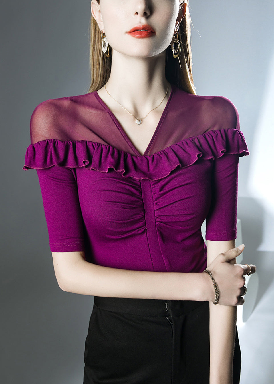 Purple Tulle Patchwork Top Half Sleeve