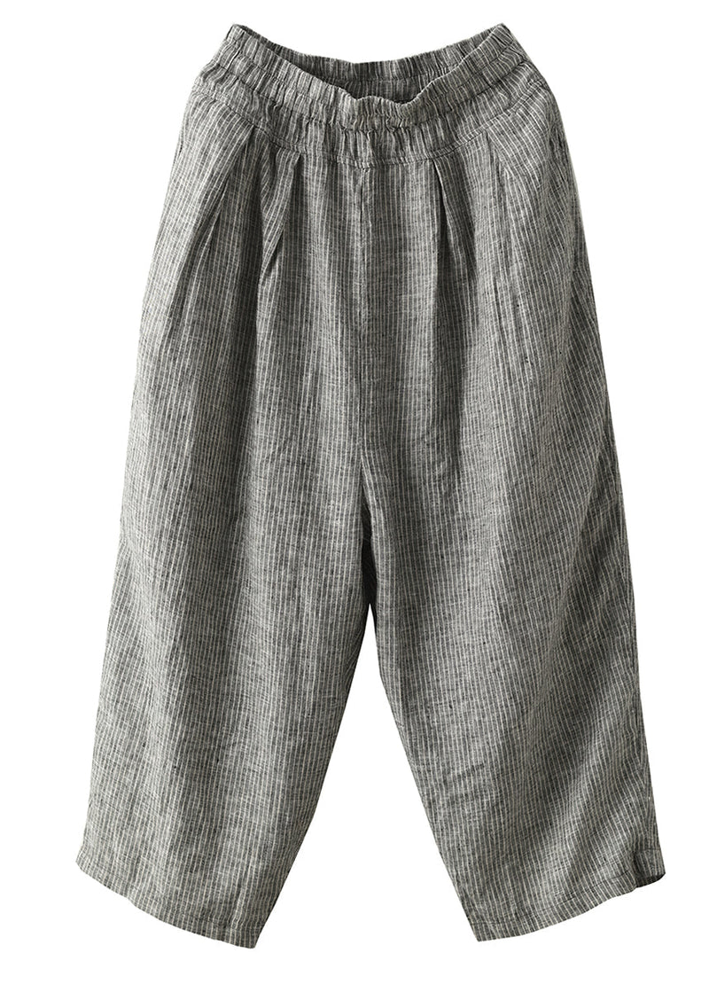 Black Striped Pockets Elastic Waist Linen Harem Pants Summer