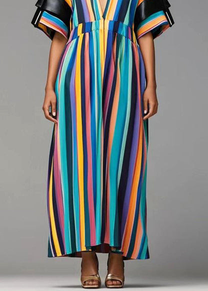 Rainbow Deep-v Neck Striped Cotton Dresses Summer