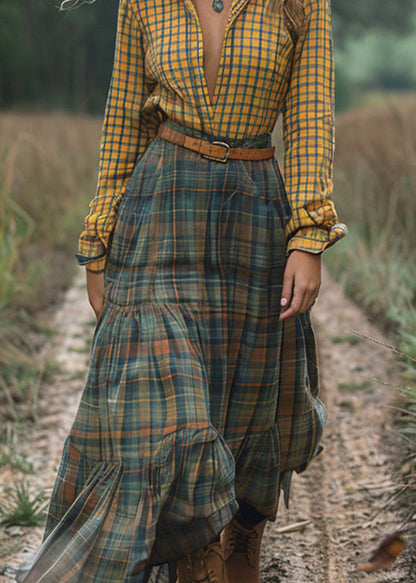 Boutique Colorblock V Neck Plaid Patchwork Cotton Long Dress Fall