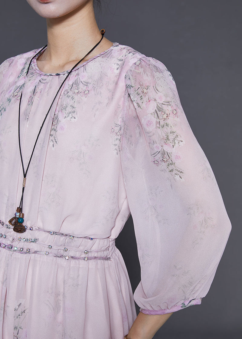 Pink Elastic Waist Print Chiffon Dresses Bracelet Sleeve