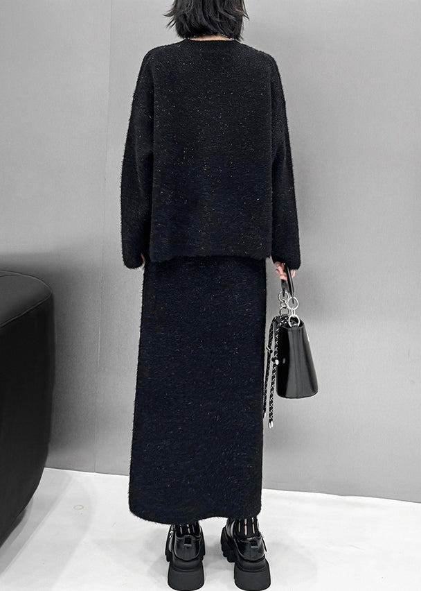 Natural Black O-neck Butterfly Print Cotton Knit Sweater and Maxi Skirts Two Pieces Sets Fall