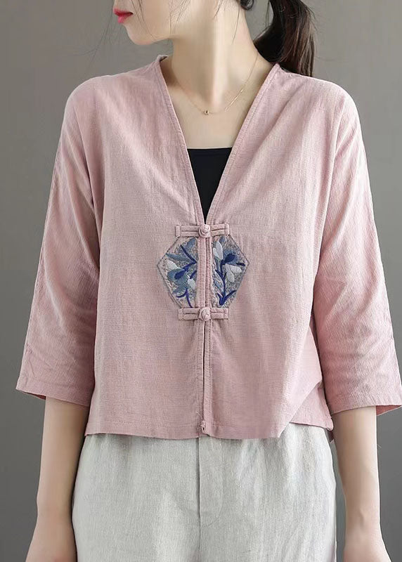 White Retro Embroidered Patchwork Summer Linen Blouse