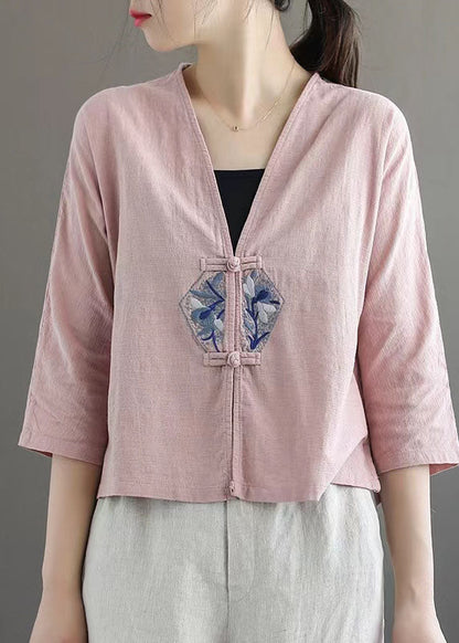 White Retro Embroidered Patchwork Summer Linen Blouse