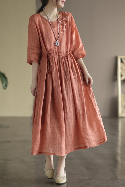 -summer Loose Embroidered Dress Color Half Sleeve Long Dress