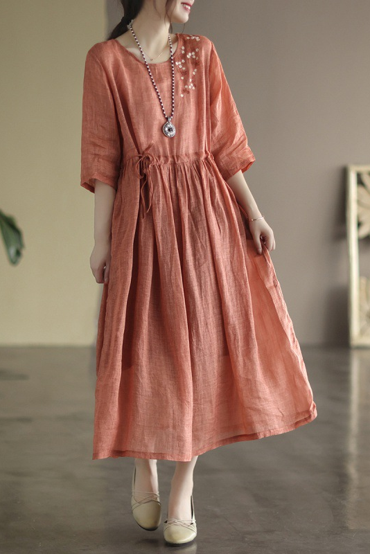 -summer Loose Embroidered Dress Color Half Sleeve Long Dress