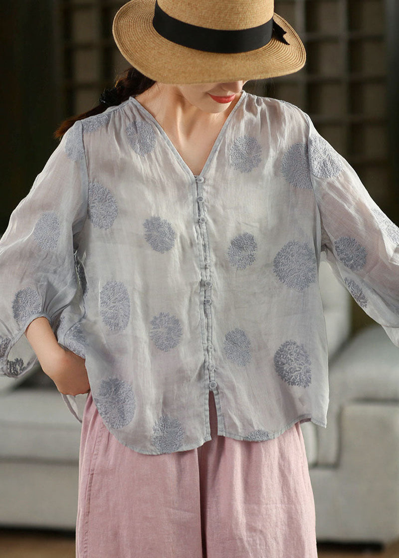 Pink V Neck Embroidered Linen Shirt Top Lantern Sleeve