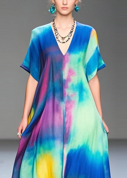 Rainbow V Neck Tie Dye Chiffon Holiday Dress Summer