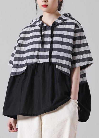 Black Striped Patchwork Cotton Linen Blouses Summer