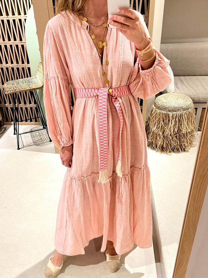 V-neck Puff Sleeve Cotton and Linen Dress