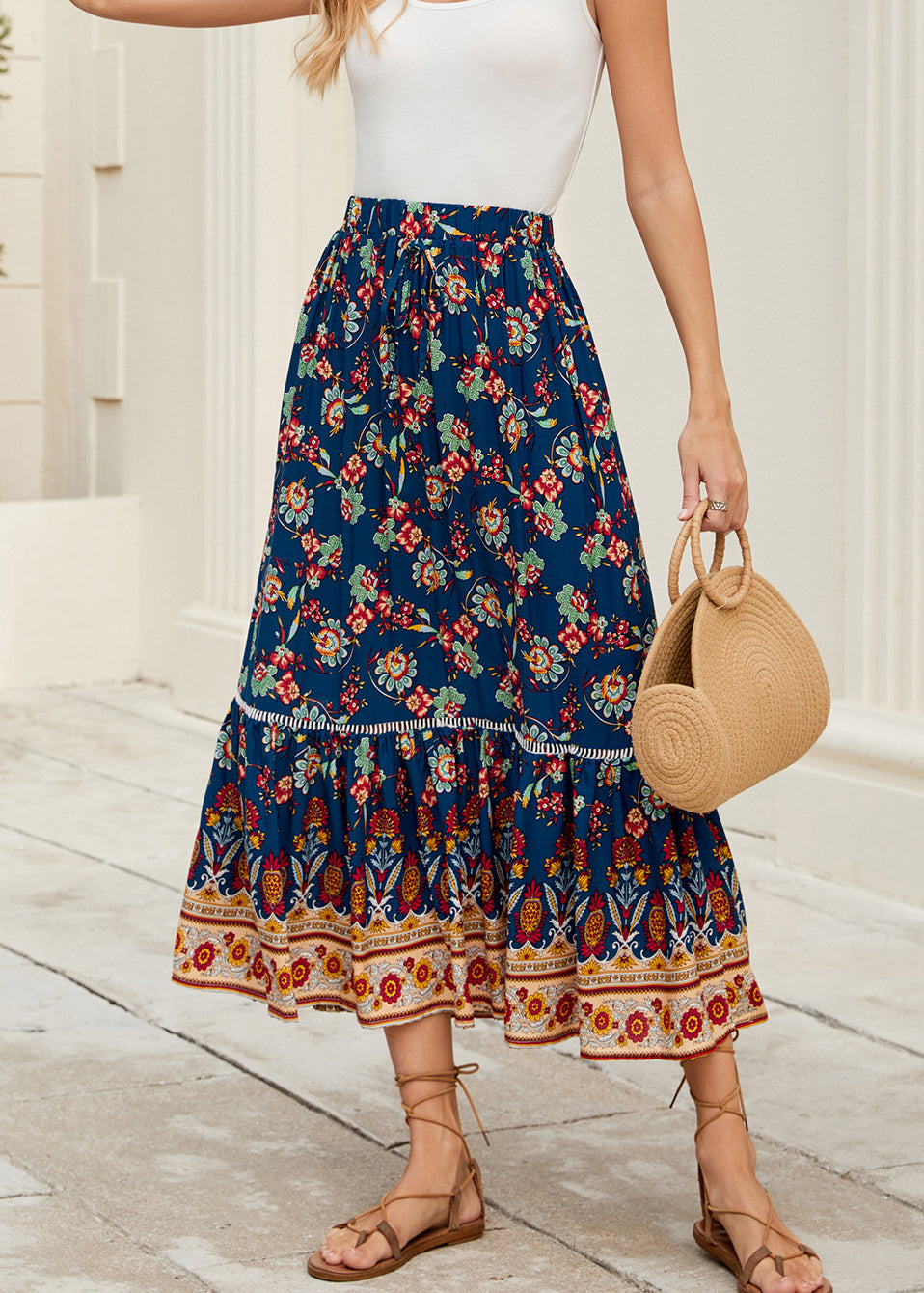 Navy Print Elastic Waist Cotton Skirt Summer