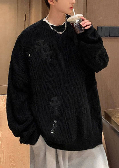 Simple Army Green Embroideried Hollow Out Knit Sweaters Winter