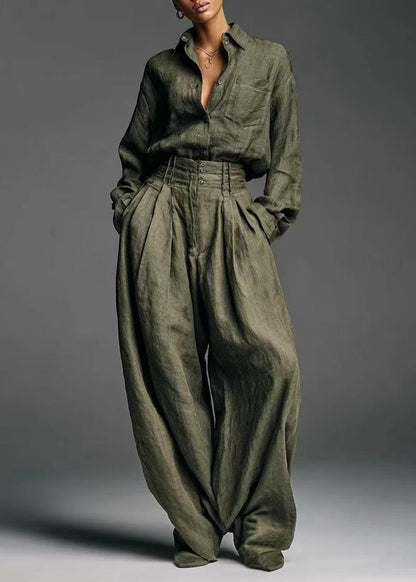 Army Green Shirt and Pants Two-piece Set Spring