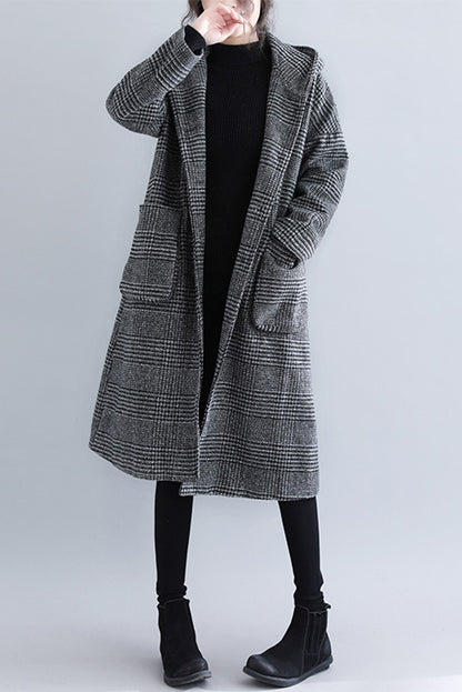 Woolen Coat Plaid Hooded Coat Mid-length Coat