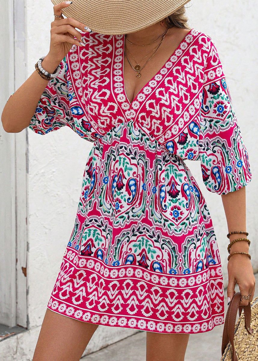 V Neck Print Chiffon Mid Dresses Summer