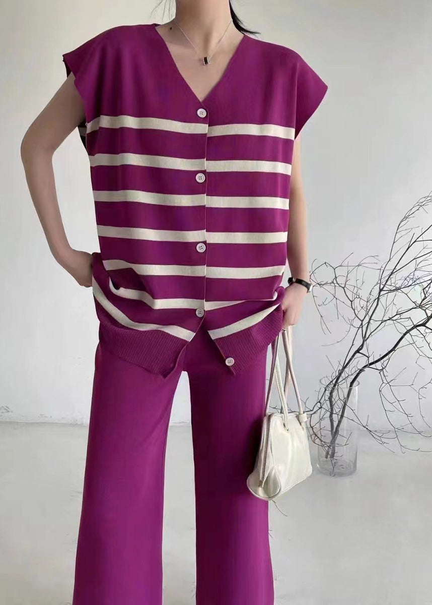 Loose Apricot V Neck Striped Knit 2 Piece Outfit Summer
