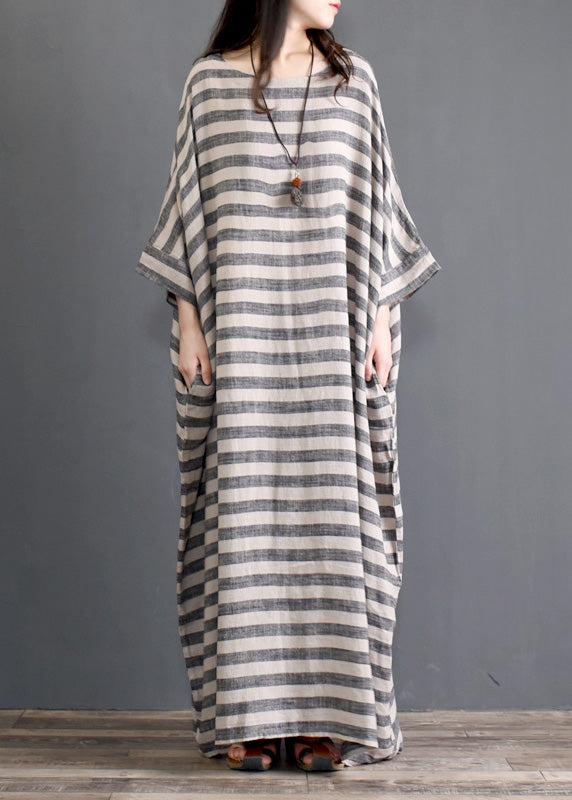 Grey O Neck Striped Pockets Patchwork Cotton Long Dresses Spring