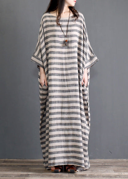 Grey O Neck Striped Pockets Patchwork Cotton Long Dresses Spring
