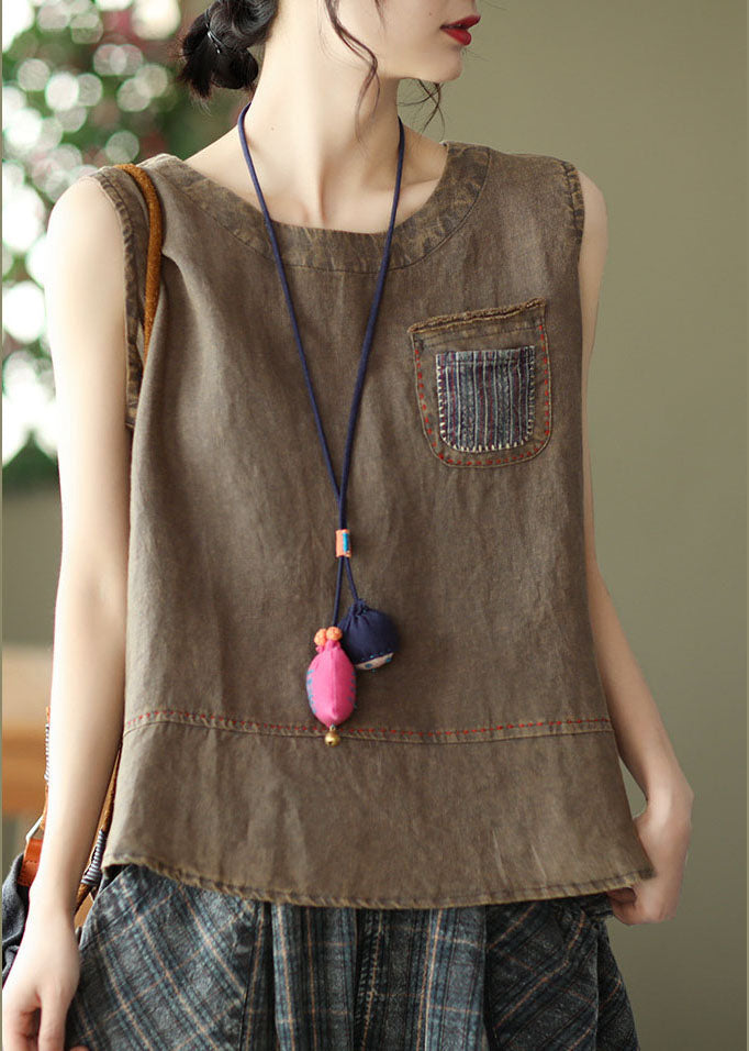Chocolate Pocket Patchwork Linen Tank Tops Sleeveless
