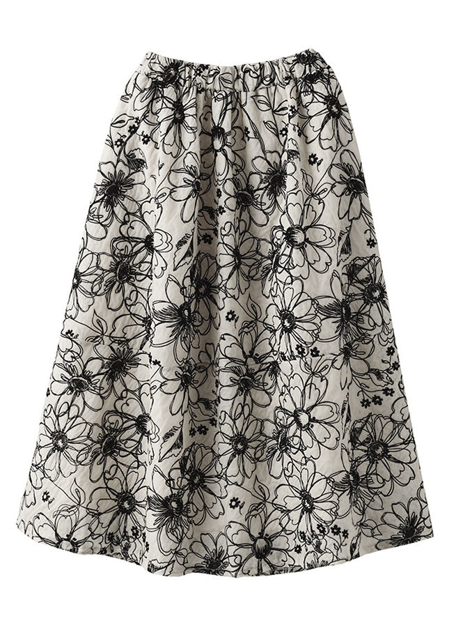 Beige Wrinkled Embroidered Linen Skirt Summer