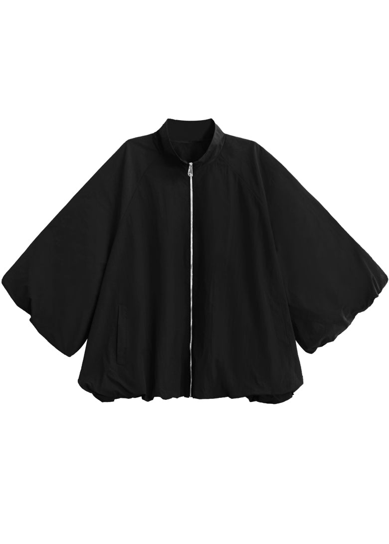 Black Stand Collar Pockets Trench Coats Lantern Sleeve