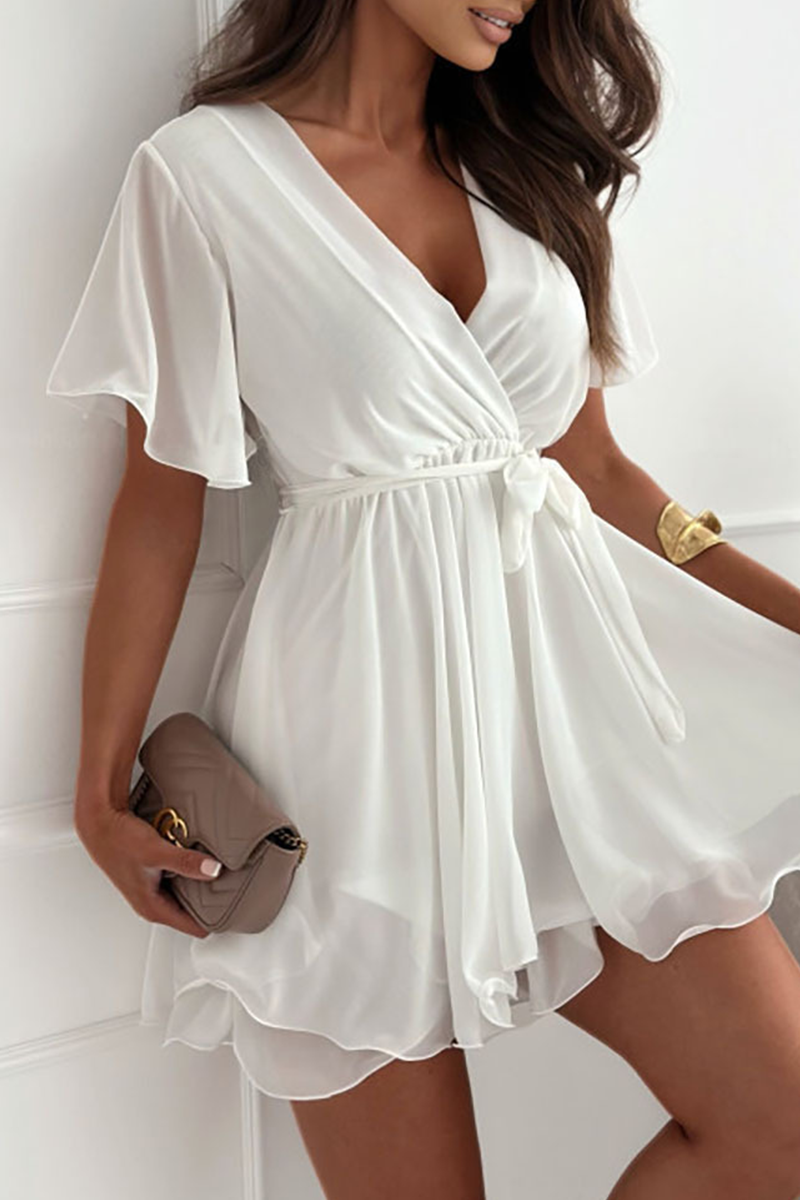 Color Lace Up Ruffle V Neck a Line Dresses(3 Colors)