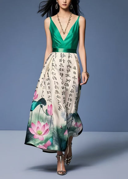 Tea Green Cinched Print Silk Cami Dress Summer