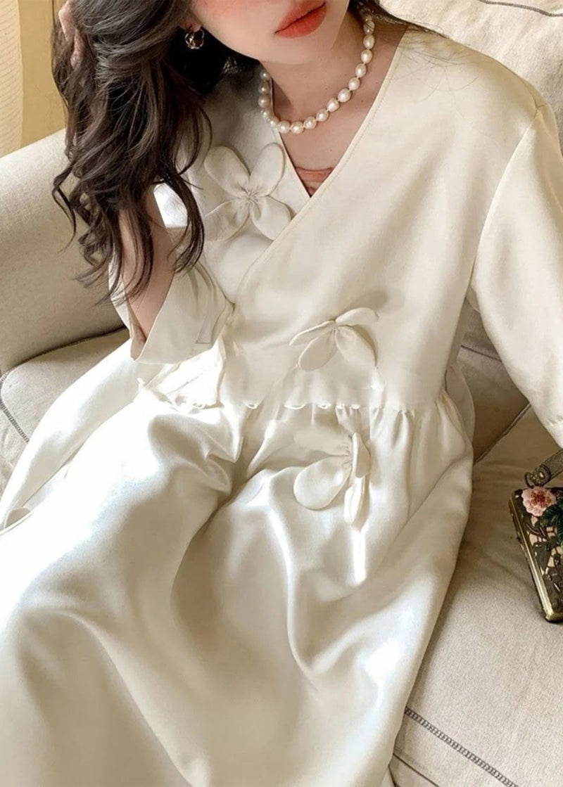 White V Neck Lace Up Cotton Long Dress Summer