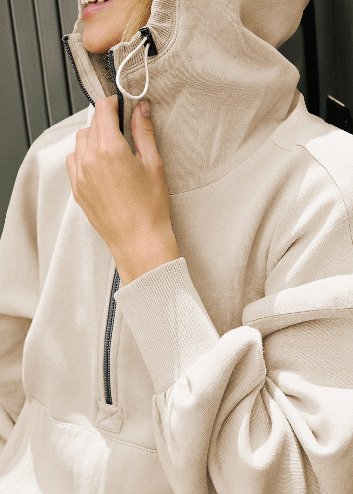 Apricot Zip Up Pockets Patchwork Cotton Loose Sweatshirts Top Fall