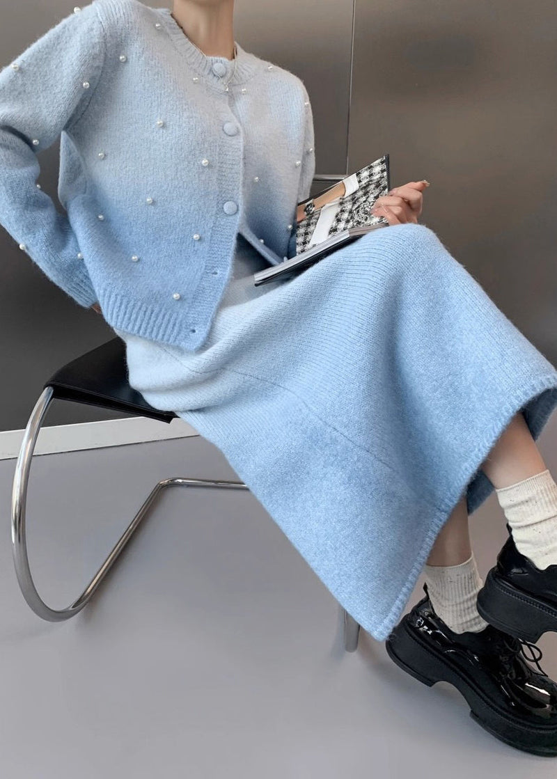 Modern Blue O-neck Nail Bead Cotton Knit Sweaters and Maxi Skirts Two Piece Set Fall