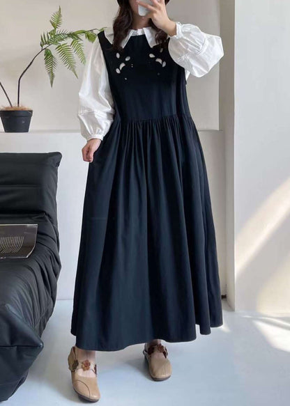 Black O-neck Patchwork Wrinkled Maxi Dress Summer