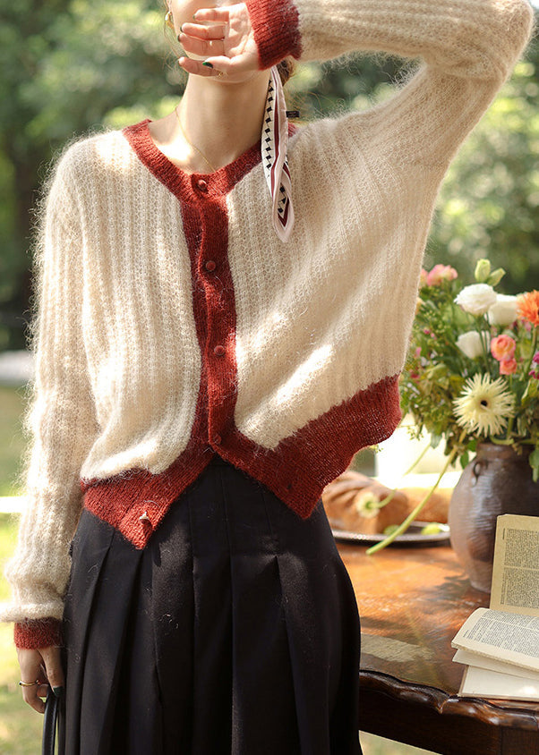 Green Button Patchwork Cozy Knit Top Long Sleeve
