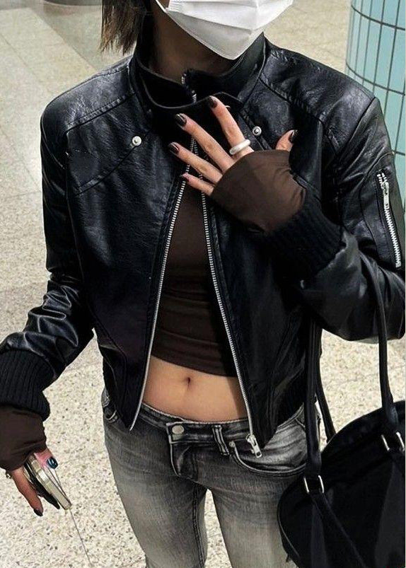 Black Zip Up Patchwork Faux Leather Coats Spring