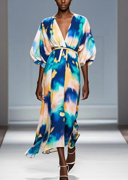 Bobo Blue Tie Dye Chiffon Dress V Neck Lantern Sleeve