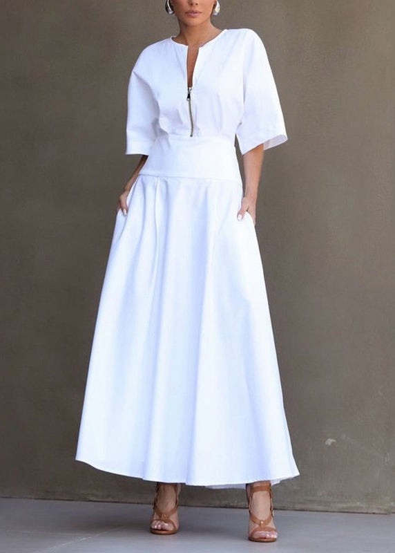 Boutique White Zip Up Pockets Patchwork Cotton Dresses Summer