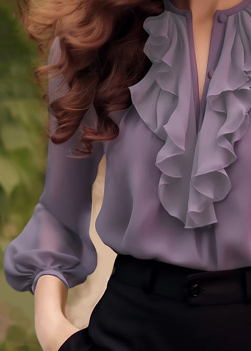 Purple Ruffled Chiffon Shirt Bracelet Sleeve