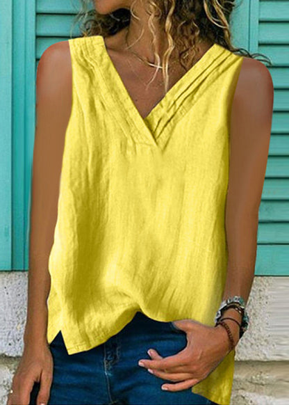 Loose White V Neck Cotton Top Sleeveless