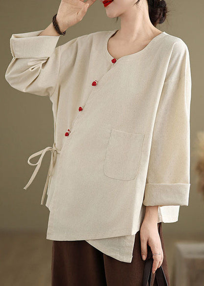 Beige O Neck Lace Up Patchwork Cotton Blouse Top Spring