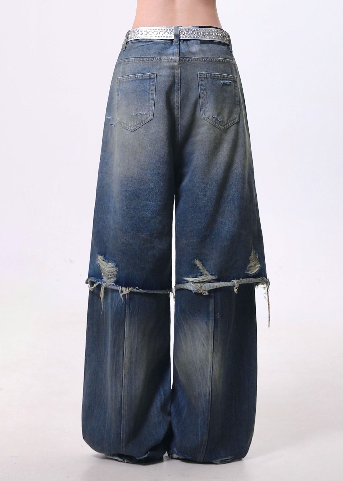 Blue False Two Pieces Patchwork Ripped Denim Pants Spring