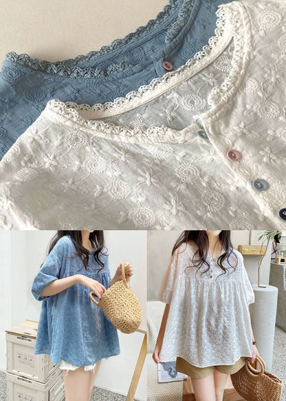 White O-neck Lace Patchwork Shirts Summer